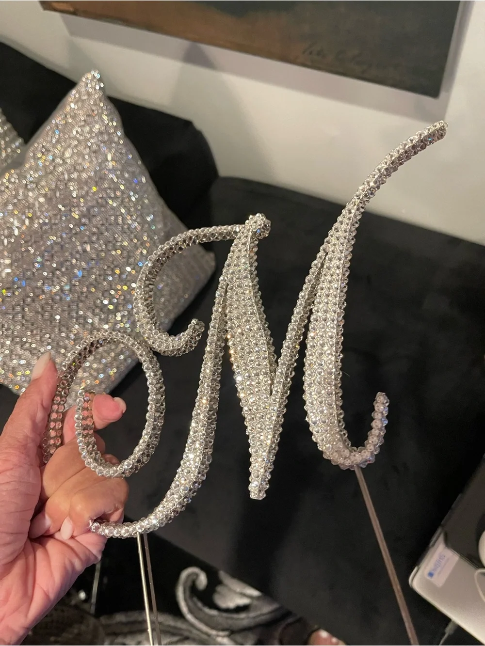 Rhinestone Letter M Cake Topper - Silver Sparkles
